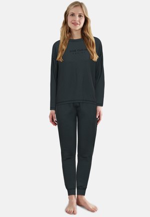 Two-piece loungewear set in dark gray with a striped pattern. Long-sleeve top and slim-fit pants feature elastic cuffs and a crew neck.