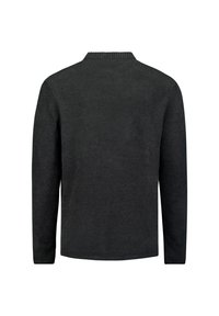 Dunkelgrauer Pullover mit langen Ärmeln, einem runden Halsausschnitt und einem strukturierten Strick. Schlichtes Design ohne sichtbare Muster oder Akzente.