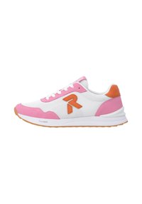 White sneaker with pink suede accents, orange logo, mesh upper, and a rubber sole. Features laces and cushioned heel for comfort.