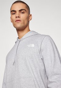 Sudadera gris clara hecha de tela suave, con un bolsillo frontal y capucha con cordón. El logo de The North Face está prominentemente exhibido en el pecho.