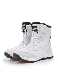 Botas impermeables blancas con forro de piel sintética negra, parte superior de malla y sintético, detalles en gris y suela de goma negra con detalles en naranja.