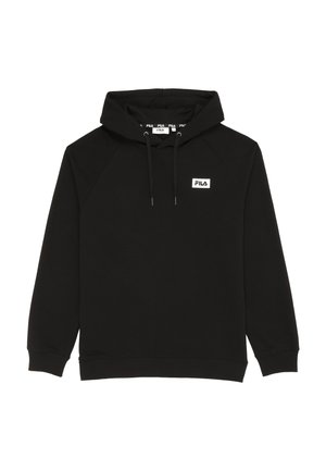 Zwarte FILA hoodie met trekkoorden en een klein wit logopatch op de borst, met lange mouwen en geribde boorden.