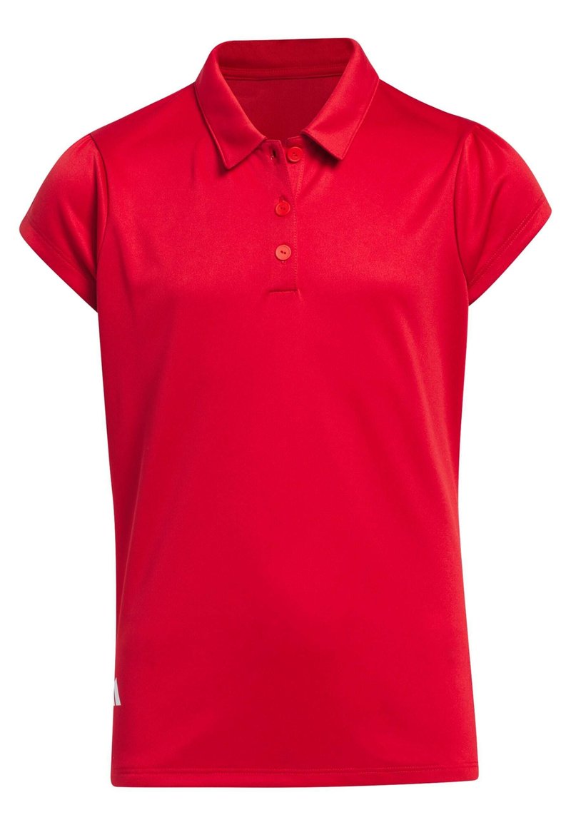 Czerwona koszulka polo o miękkiej fakturze, z krótkimi rękawami i plisą na trzy guziki. Jednokolorowy design z minimalnymi zdobieniami.