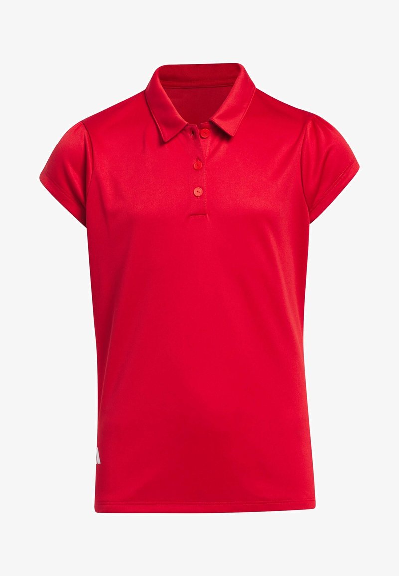 Czerwona koszulka polo o miękkiej fakturze, z krótkimi rękawami i plisą na trzy guziki. Jednokolorowy design z minimalnymi zdobieniami.