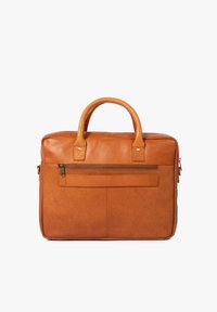 Brown leather laptop bag with dual handles, front zipper pocket, and smooth texture. Rectangular shape with minimal stitching details.