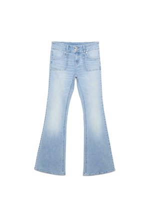 Lyseblå denimjeans med vide ben, forlommer, dobbelt knaplukning og falmet vask på lår og knæ.