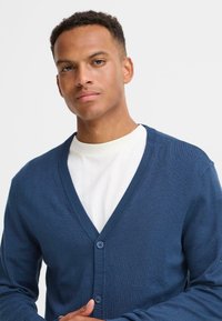 Cardigan blu navy con scollo a V, bordi a coste e due bottoni davanti, abbinato a una camicia bianca sotto.