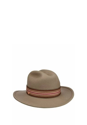 Taupe wide-brimmed felt hat with a multicolored striped band featuring shades of brown, pink, and cream.