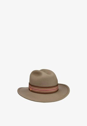 Taupe wide-brimmed felt hat with a multicolored striped band featuring shades of brown, pink, and cream.