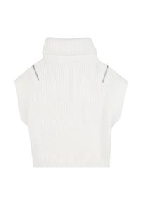 Weißer, gestrickter ärmelloser Rollkragenpullover mit silbernen Reißverschlussdetails an den Schulternähten sowie geripptem Saum und Kragen.