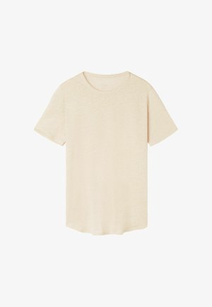 Lichtbeige T-shirt met korte mouwen, gemaakt van textuurstof, met een ronde halslijn en een rechte snit aan de zoom.