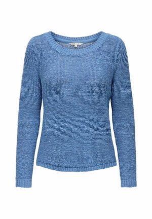 Blå strikket langærmet sweater med rund hals, tekstureret sømmønster samt ribbet kant og ribbede ærmekanter.
