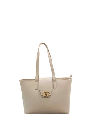 Borsa tote in pelle beige con due spallacci e patta frontale con chiusura ovale dorata.