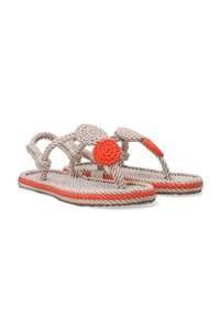 Beige rope sandals with an orange accent, featuring knotted straps and a decorative round knot detail on the upper. Flat sole with a textured grip.