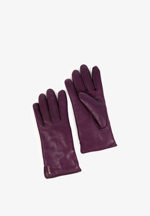 Paar paarse leren handschoenen met een gladde textuur, voorzien van een ontwerp met vijf vingers en subtiele stiksels. Het merklogo is op de manchet gegraveerd.