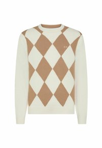 Maglione a maglia con motivo argyle nei toni crema e marrone chiaro, con scollatura rotonda e maniche lunghe. Presenta un piccolo logo sul petto.