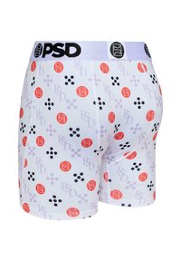 Vita boxershorts med ett mönster i rött, svart och lavendel. Elastisk midja med "PSD"-logga i svart.