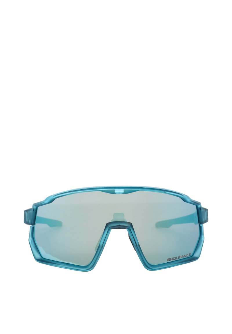 Aqua-farbene Sportsonnenbrille mit großer, umschließender Form, reflektierenden Gläsern und einem schlanken Kunststoffrahmen. Verfügt über schräg abgewinkelte Bügel für einen sicheren Sitz.