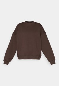 Sweatshirt castanho com decote redondo, design de ombros caídos, punhos e barra canelados, apresentando uma marcação sutil na frente. Textura suave.