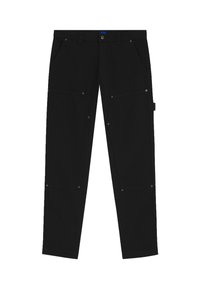 Black pants made of sturdy fabric, featuring button closure, two front pockets, and two side pockets with snap buttons. Straight-leg design.
