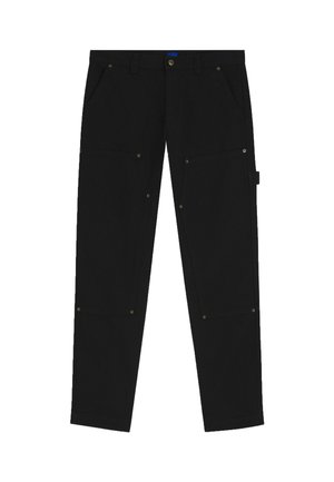 Black pants made of sturdy fabric, featuring button closure, two front pockets, and two side pockets with snap buttons. Straight-leg design.