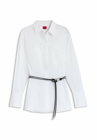 White button-up shirt with long sleeves, featuring a knotted black belt accent and a single chest pocket. Made from lightweight fabric.