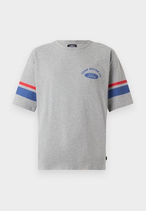 Gray cotton t-shirt with short sleeves, featuring blue and red stripes on sleeves and "Ford Motor Co" logo in blue on the chest.