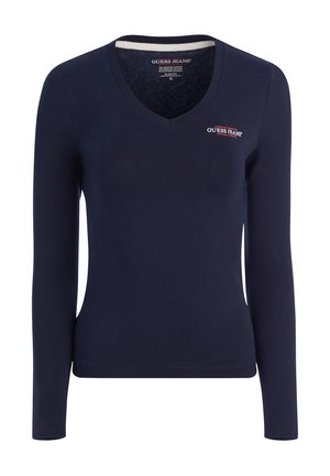 Navyblauwe langemouwen T-shirt van katoen met een slim fit. Heeft een V-hals en een klein rood 'Guess Jeans' logo op de borst.