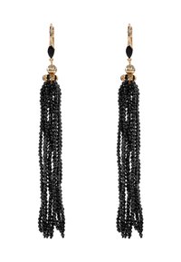 Boucles d'oreilles à franges en perles noires avec une quincaillerie dorée, comprenant plusieurs chaînes de perles facettées et un fermoir décoratif.