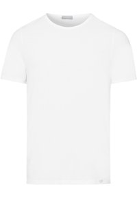 Bílý bavlněný tričko s kulatým výstřihem a krátkými rukávy. Hladká textura, rovný střih, minimální značení na dolním levém lemu.