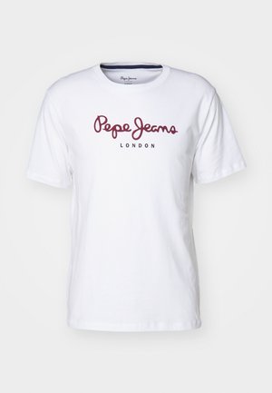 Camiseta de algodón blanca con el logo en burdeos de "Pepe Jeans" y el texto "LONDON", cuello redondo, mangas cortas y un ajuste relajado.