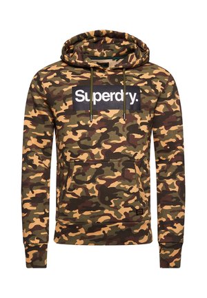 Pullover-Hoodie mit Tarnmuster, Fronttasche, Kordelzug und schwarzem rechteckigem Logo-Patch mit der Aufschrift "Superdry".