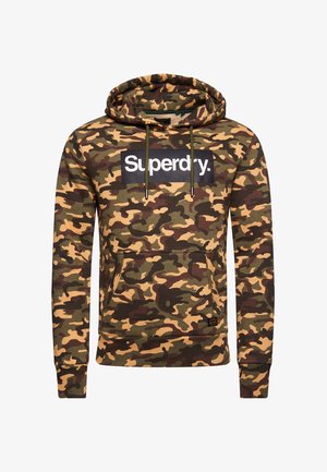 Sweat à capuche à motif camouflage avec poche avant, cordons de serrage et patch logo rectangulaire noir portant l'inscription "Superdry".