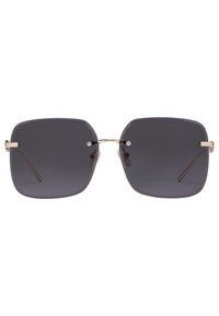 Négyzet alakú napszemüveg sötét szürke lencsékkel, arany fém kiegészítőkkel és átlátszó orrpadlókkal. A keret minimalista, sima, szögletes vonalakkal rendelkezik.