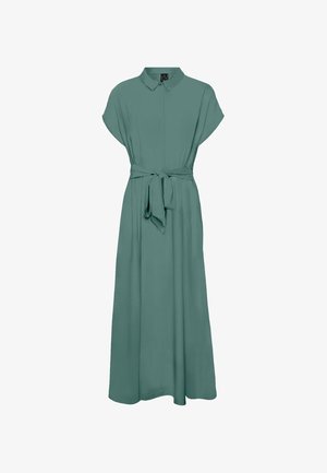 Teal maxi dress with a collar, short sleeves, and a tie belt at the waist. Smooth fabric with a loose fit and solid color, no patterns.