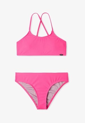 Set di bikini rosa composto da top corto con spalline incrociate e slip coordinati, realizzato in tessuto morbido ed elasticizzato.