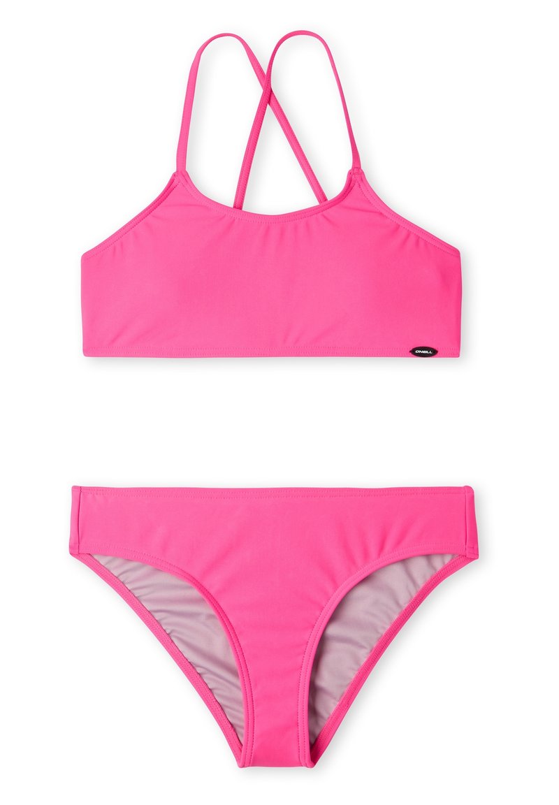 Pink bikini set featuring a crop top with cross-back straps and matching bikini bottoms, made from smooth, stretchy fabric.