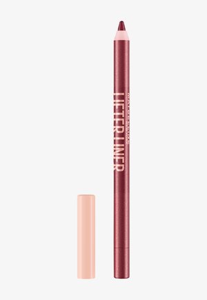 Crayon contour des lèvres bordeaux avec capuchon rose retiré, montrant la pointe pointue, étiqueté "Maybelline New York Lifter Liner."