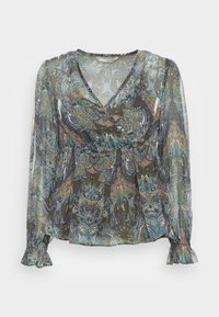 Blusa transparente de mangas longas com um decote em V profundo, cintura franzida e padrão floral paisley em tons de verde, azul e castanho. Punhos das mangas com babados.