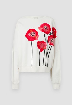 Biała bluza z wyszywanym wibrującym czerwonym makiem i czarnymi łodygami. Luźny krój, okrągły dekolt i ściągacze przy rękawach.