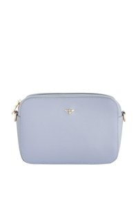 Borsa a tracolla rettangolare azzurro chiaro realizzata in materiale liscio. Presenta un piccolo emblema d'oro a forma di ape e una chiusura con zip.