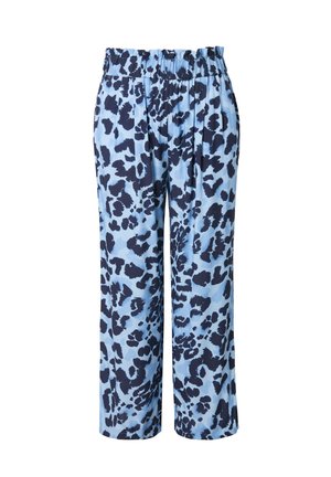 Pantaloni a stampa leopardata blu con elastico in vita, caratterizzati da una vestibilità ampia e un design a gamba dritta. Il tessuto sembra morbido e liscio.
