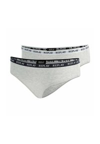Due paia di slip da donna in cotone grigio chiaro. Presentano una vita elasticizzata nera con il logo "REPLAY" in bianco e grigio.