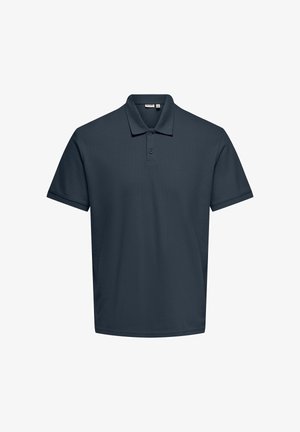 Mørk marineblå polo t-shirt med korte ærmer, to-knaps plade og klassisk krave, vist på en simpel hvid baggrund.