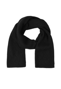 Écharpe en tricot noir avec un motif de losanges subtil, pliée et enroulée, isolée sur un fond blanc.