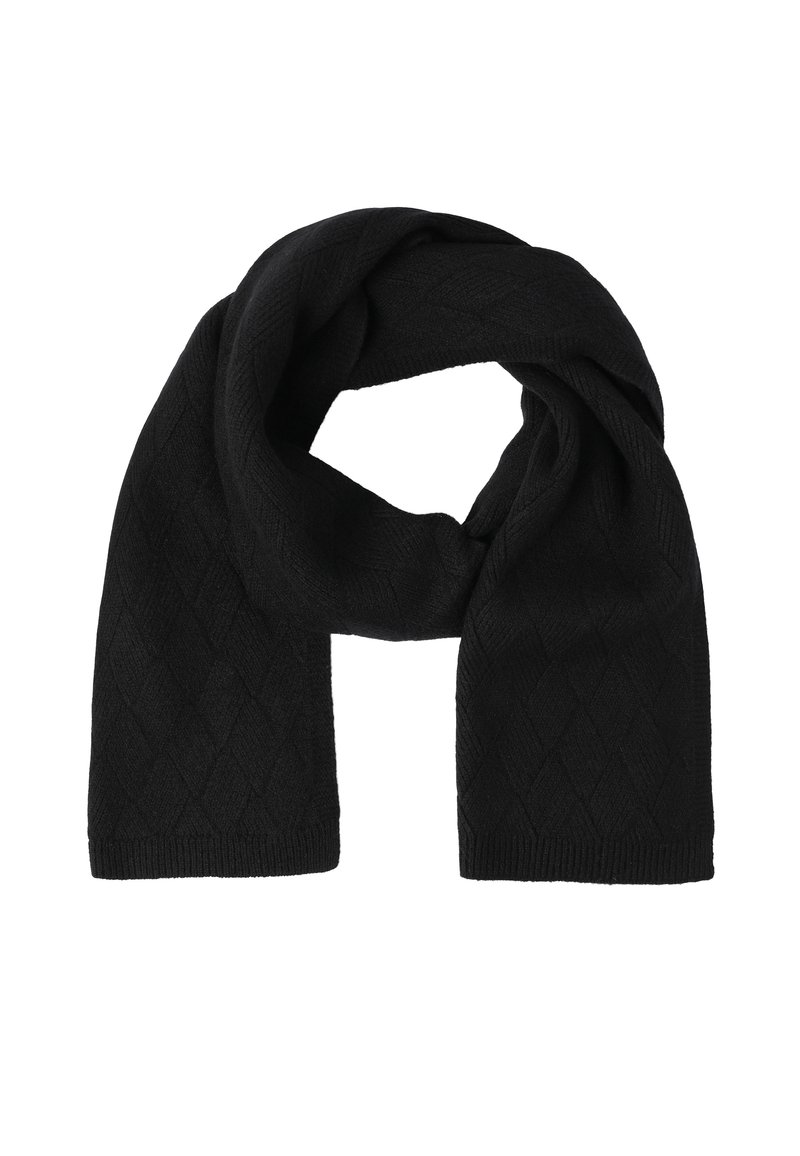 Écharpe en tricot noir avec un motif de losanges subtil, pliée et enroulée, isolée sur un fond blanc.