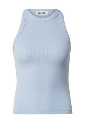 Hellblaues, geripptes Tanktop mit einer figurbetonten Passform, Rundhalsausschnitt und ärmellosem Schnitt. Das Material wirkt dehnbar und glatt. Markenlabel sichtbar.