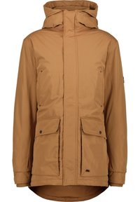 Brązowa ocieplana kurtka z kapturem, dwoma przednimi kieszeniami z klapkami, zamkiem błyskawicznym i zapięciem na zatrzaski oraz długimi rękawami z prążkowanymi mankietami.