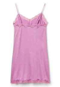 Camisole rose avec des délicates garnitures en dentelle le long de l'encolure et de l'ourlet, bretelles spaghetti réglables, texture de tissu douce et coupe droite.