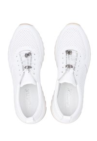 Weiße Sneaker mit einem perforierten Obermaterial, elastischen Schnürsenkeln und einer gepolsterten Sohle. Verfügt über ein leichtes Design und ein dezentes Logo innen.